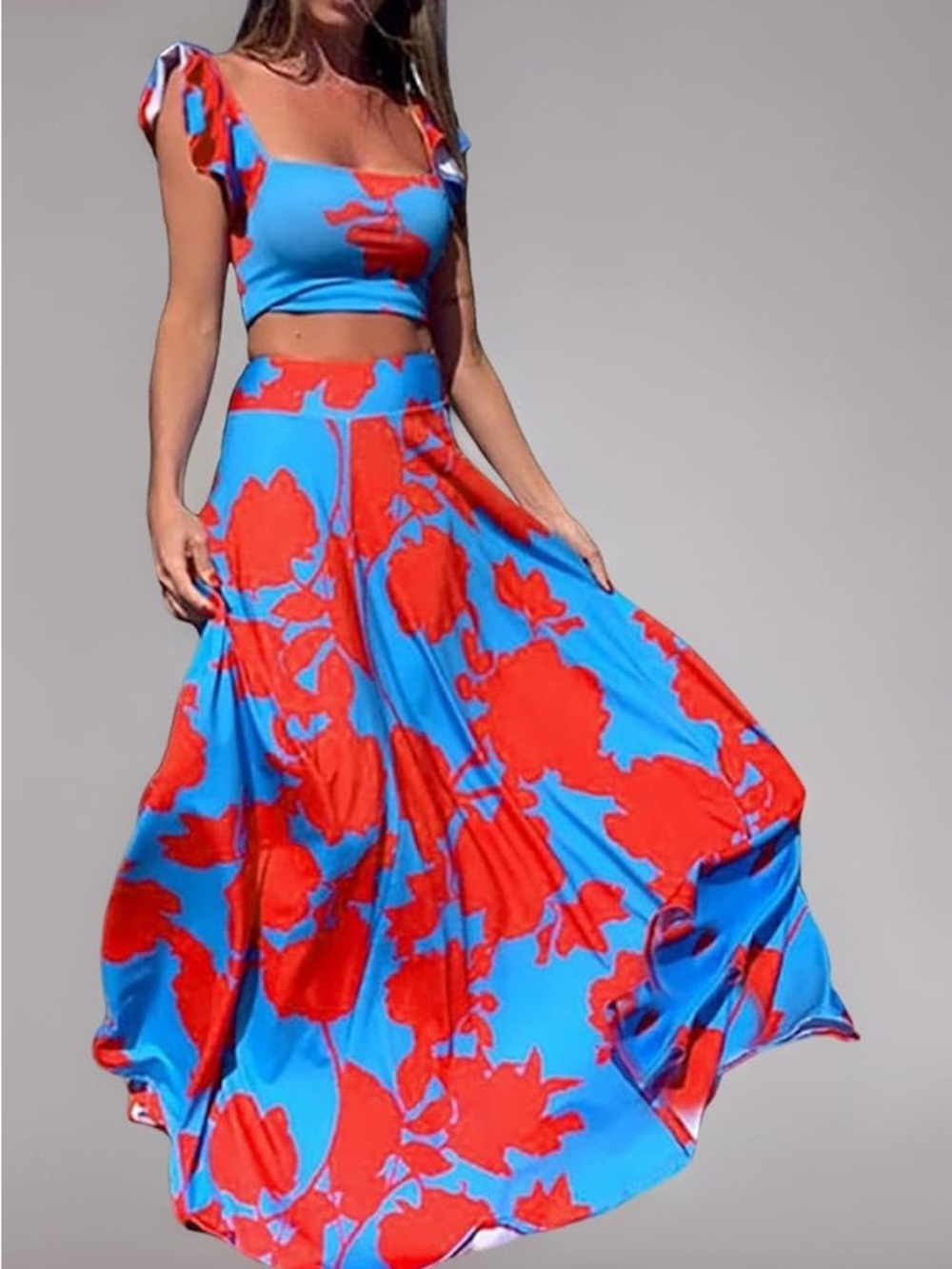 Blue & Red Floral Maxi Skirt – Flowing Women's Skirt